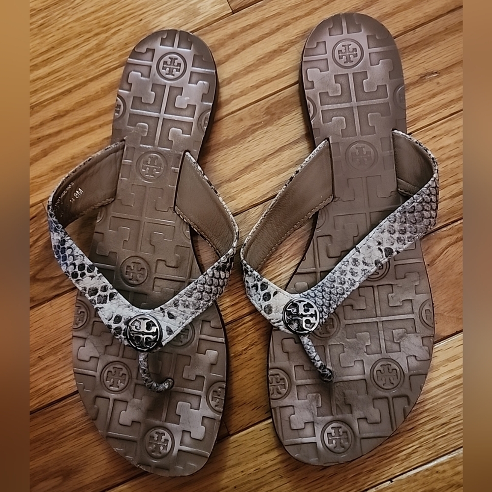 Tory Burch Thora Snakeskin Pattern Flip Flops with Logo